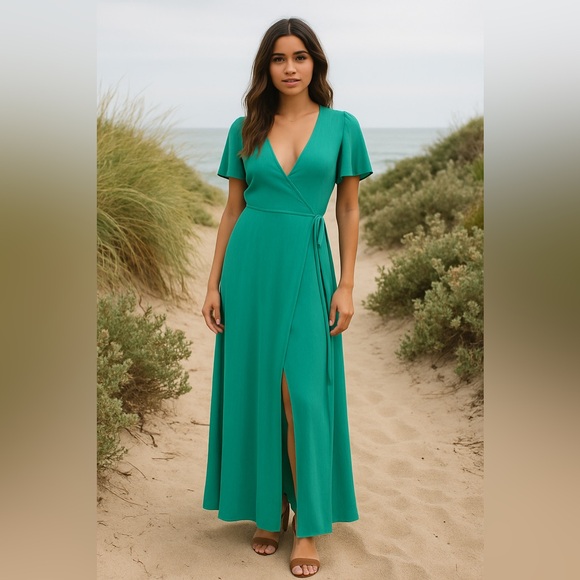 Lulus Green Maxi Wrap Dress Small Flutter Sleeve Deep V Tie Waist Bohemian - Picture 13 of 13
